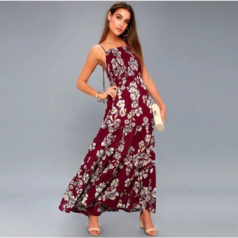 FREE PEOPLE NWOT Garden Party Burgundy Floral Maxi Dress in Raspberry XS - Picture 1 of 8